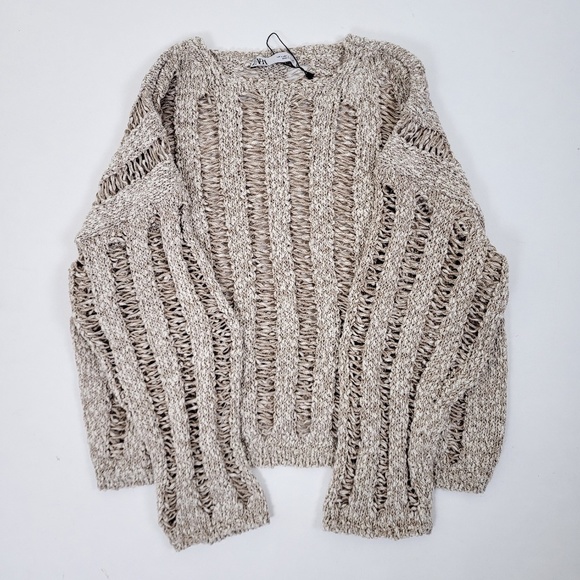 H&M cotton open knit crew neck long sleeve crop cropped beige crochet - Picture 9 of 9